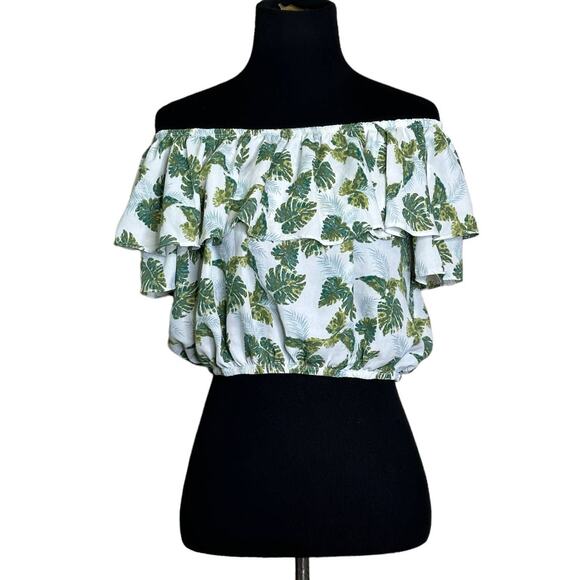 Paper Crane white green palms print off shoulder ruffled crop top size Large - Picture 1 of 11